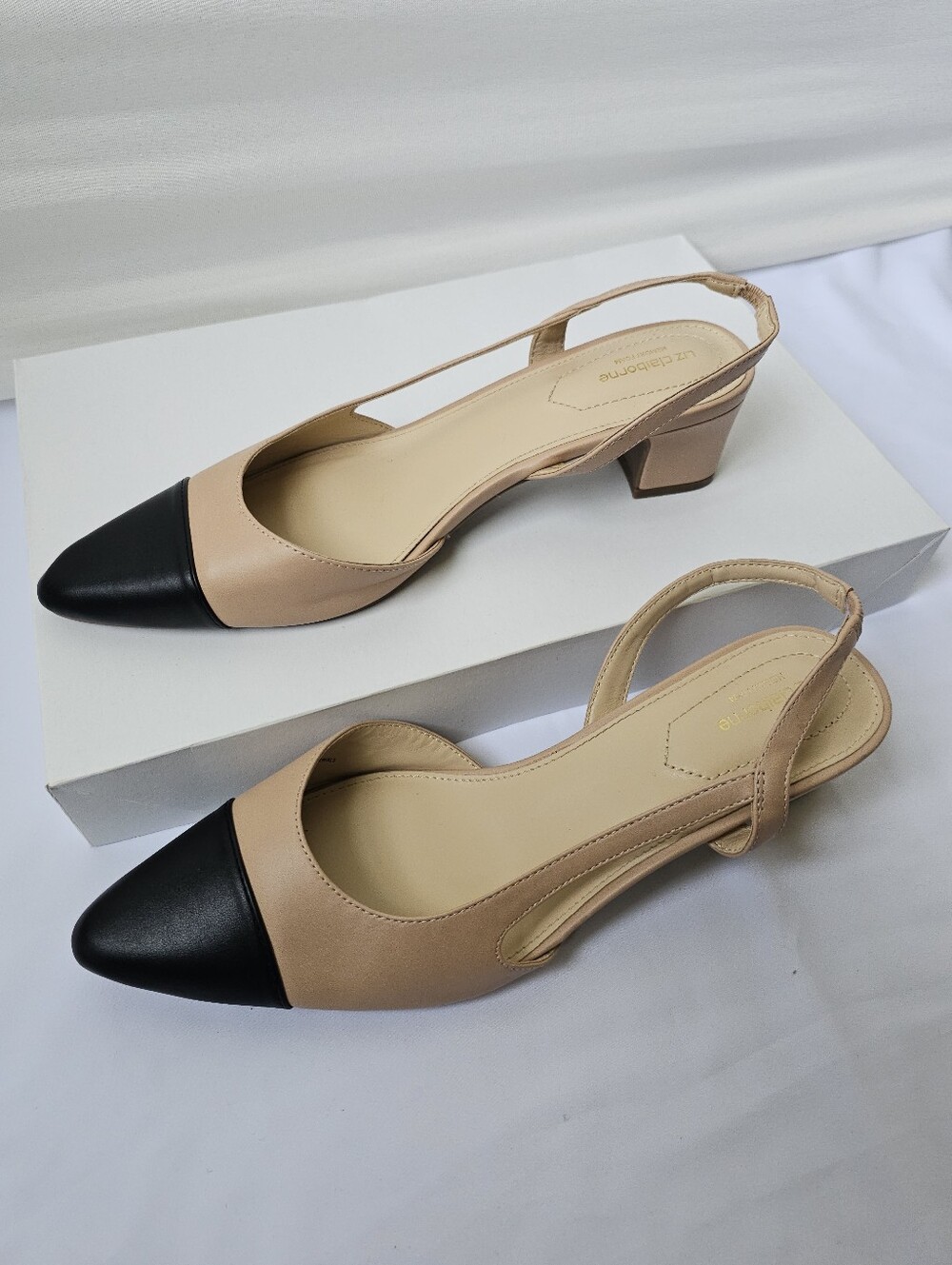 Two-Tone Slingback Pointed Toe Pumps in Beige and Black - Picture 10 of 16
